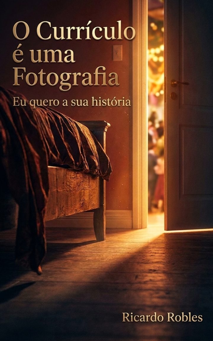 Capa do livro O Currículo é uma Fotografia, de Ricardo Robles: um quarto com cama em primeiro plano e uma porta aberta para uma festa ao fundo